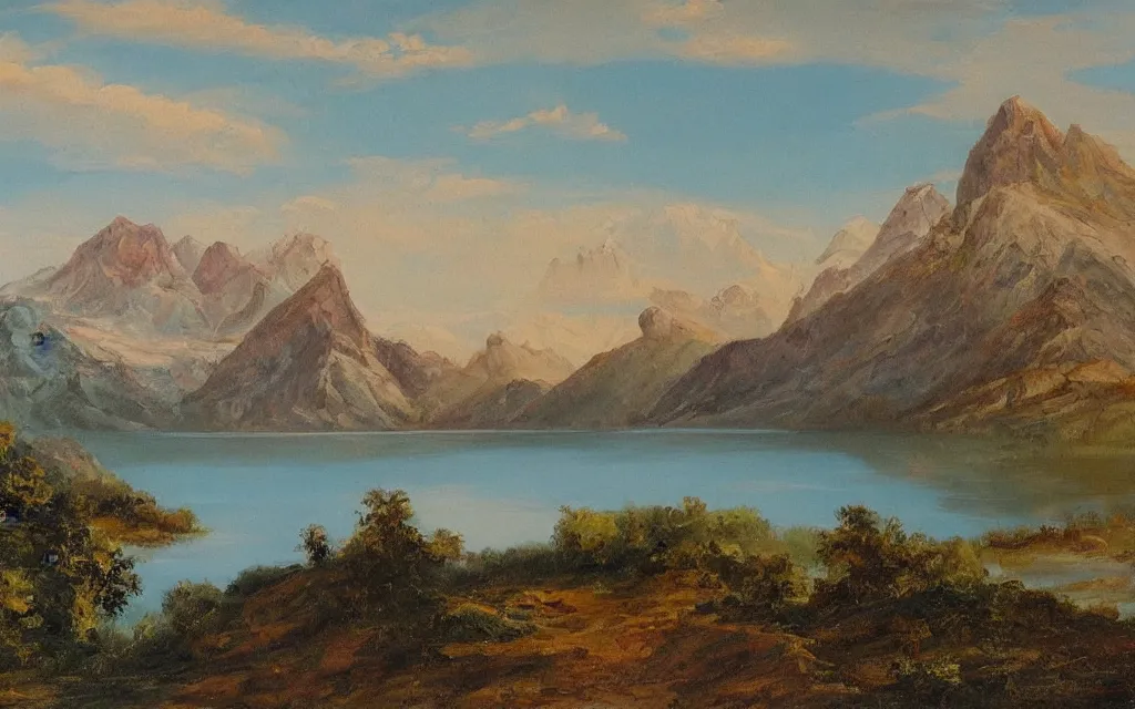 Prompt: a beautiful painting of a serene landscape with a lake in the foreground and jagged mountains in the background