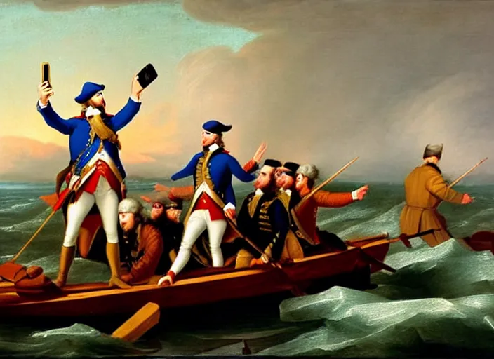 Image similar to oil painting of Washington Crossing the Delaware but Washington is taking a selfie with an iPhone