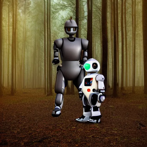 Image similar to Little boy being protected by robot, ASIMO robot and boy, digital art, night time, forest