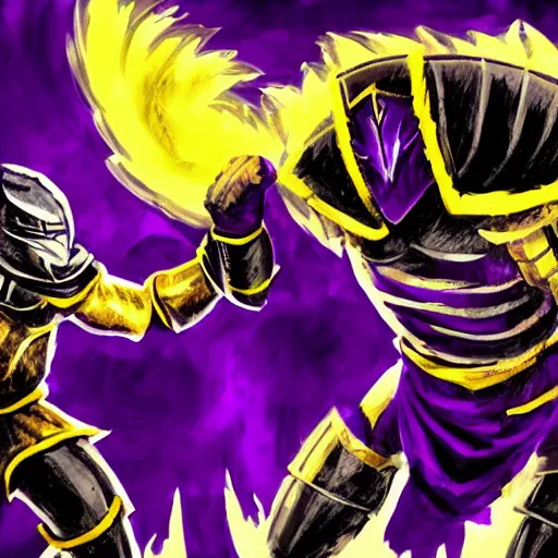 Prompt: black and gold knight fighting purple wildcat, honorable, cinematic, sharp