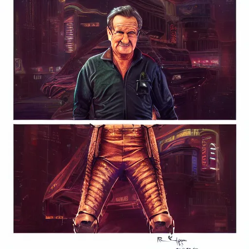 Image similar to robin williams dressed as a bladerunner, sci fi, intricate, elegant, highly detailed, digital painting, artstation, concept art, matte, sharp focus, illustration, luminist and baroque style