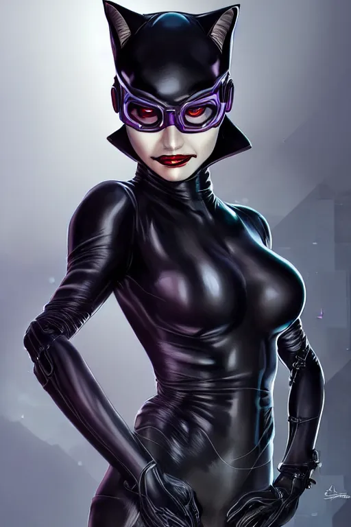 Prompt: portrait of a cyberpunk catwoman with biomechanichal parts by Artgerm, hyper detailled, trending on artstation