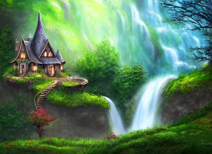 Prompt: A beautiful Elvish house with a waterfall and cliff in the background and trees and grass, fantasy, detailed, digital painting, soft lighting, warm colours, dreamy