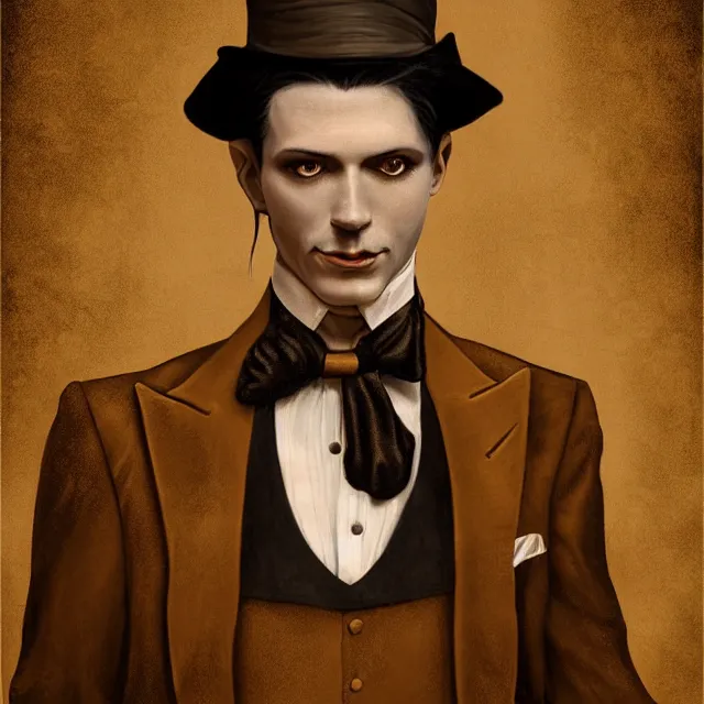 Image similar to photorealistic sepia portrait of a 1 9 2 0 s era male magician, well dressed, long - tailed tuxedo coat, in the style of kai carpenter, atmospheric lighting, dark, brooding, painted, intricate, ultra detailed, well composed, best on artstation, cgsociety, epic, stunning, gorgeous, intricate detail, much wow, masterpiece