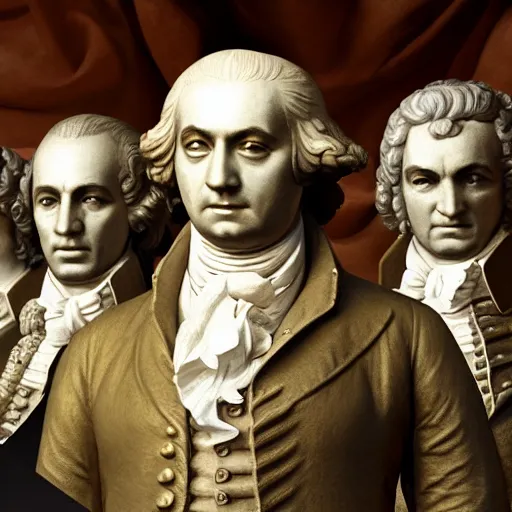 Image similar to mozart and beethoven and bach and liszt all standing next to each other, they're all statues, octane render, 8 k, highly detailed, hyper - realistic.