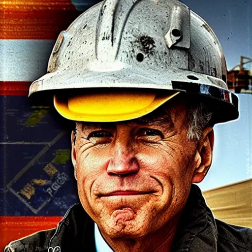 Image similar to Joe Biden as a roughneck oil field worker, high detail, portrait, close up, dirty, hard hat, oil, grit