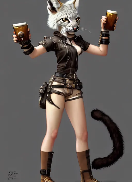 Image similar to wide angle beautiful full body portrait of a strong female anthropomorphic anthro lynx fursona wearing a steampunk leather shorts. from behind, character design by disney, anime, manga, charlie bowater, ross tran, artgerm, and makoto shinkai, detailed, soft lighting, rendered in octane, white fur, white face, lynx facial features
