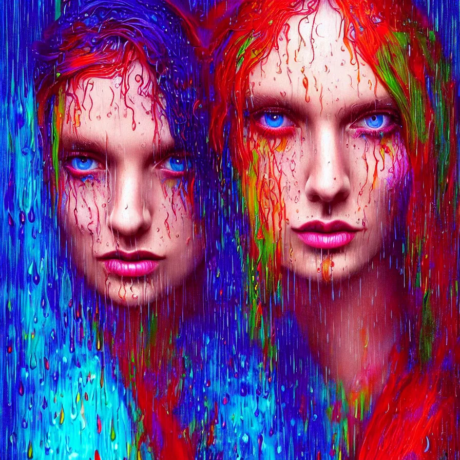 Image similar to bright asthetic portrait of LSD in rain with wet hair and face, liquid, fantasy, intricate, elegant, dramatic lighting, highly detailed, lifelike, photorealistic, digital painting, artstation, illustration, concept art, smooth, sharp focus, art by John Collier and Albert Aublet and Krenz Cushart and Artem Demura and Alphonse Mucha