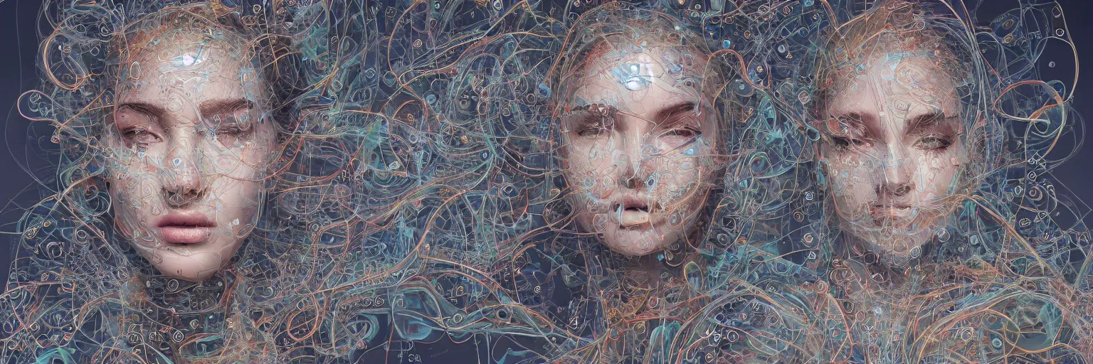 Image similar to The face of a very beautiful goddess radiating an artwork made from layers of technical drawings and architectural plans, very detailed and intricate with callout texts, leaders, arrows and bubbles by James Jean and Ross Tran and WLOP , hyperrealism, swirling acrylics, subsurface scattering, octane render, bokeh, 8k, xparticles