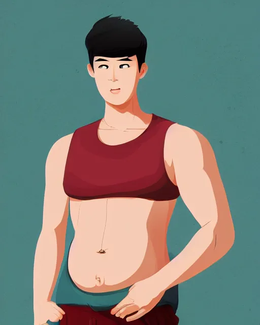 Prompt: Young male Asian protagonist wearing a sleeveless shirt and a big pregnant belly, artstation, concept art