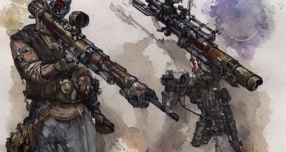 Image similar to concept art of a sniper rifle in futuristic, fantasy, steampunk, pinterest, artstation trending, behance, watercolor, by coby whitmore, silver, laser light,