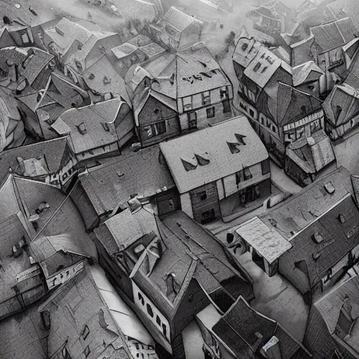 Image similar to an ultra detailed black and white matte painting of the quaint town of galic, grid shaped city cobblestone streets, fantasy city, the morning after a heavy snowfall, wind, inspiring gothic architecture, ultrawide lense, aerial photography, unreal engine, exquisite detail, 8 k, art by greg rutkowski and alphonse mucha