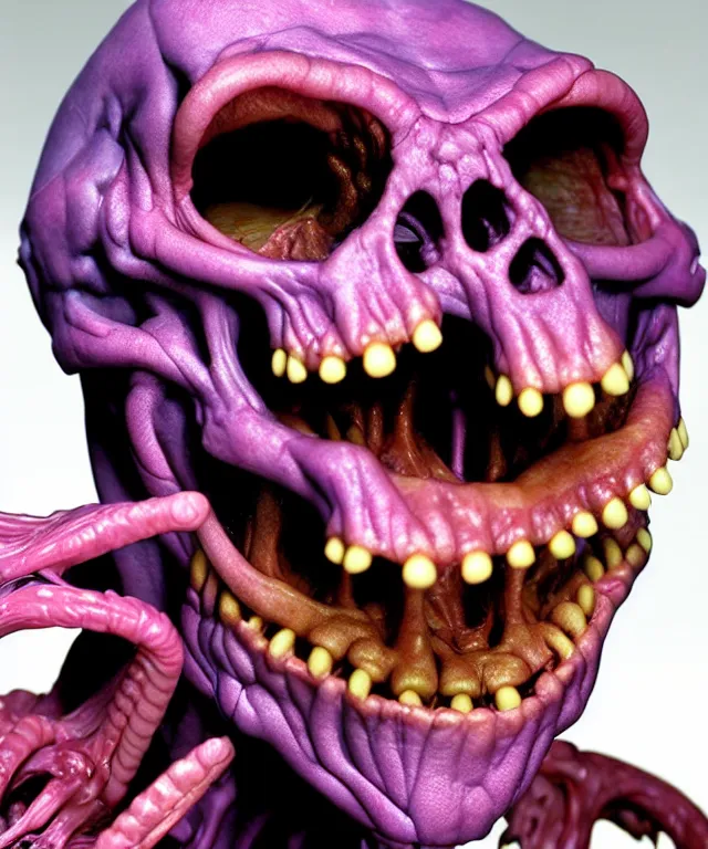 Image similar to hyperrealistic rendering, cronenberg flesh monster skeletor by art of skinner and richard corben and jeff easley, product photography, action figure, sofubi, studio lighting, colored gels