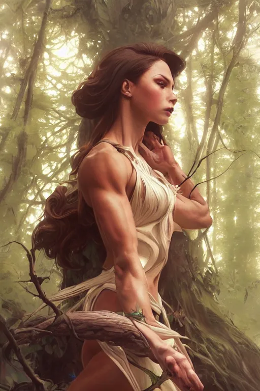 Image similar to female spirit of the forest, highly detailed, digital painting, artstation, concept art, smooth, sharp focus, illustration, unreal engine 5, 8 k, art by artgerm and greg rutkowski and alphonse mucha and ifbb pro fitness photograph