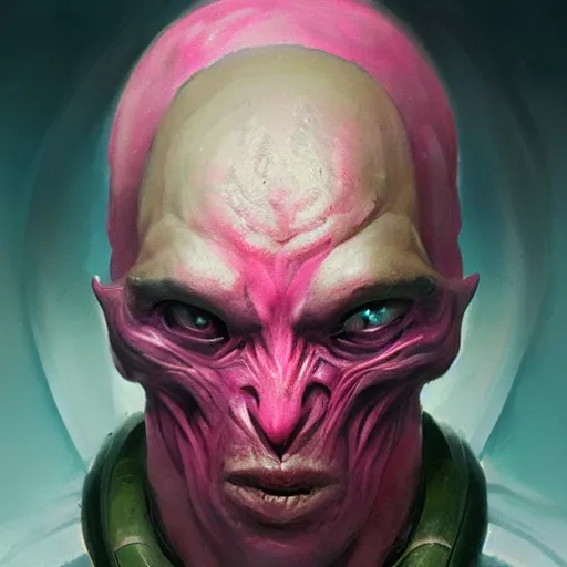 Prompt: Muscular Pink alien villain close up with 3 flower like pedals around his neck by Andreas roncha and greg rutkowski