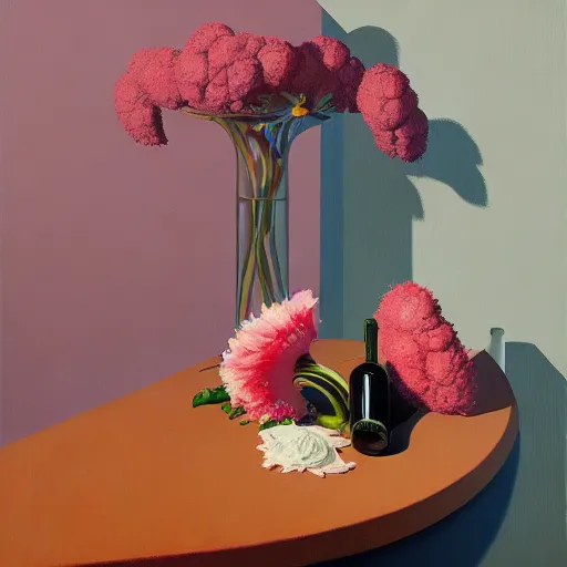 Image similar to an achingly beautiful still life featuring blooming flowers, tillamook cheese, and red wine , very coherent, painted by Edward Hopper, Wayne Barlowe, painted by James Gilleard, airbrush, art by JamesJean