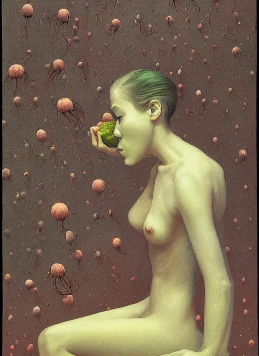 Image similar to She Eats of the Strangling Fruit and Her spiderlike gossamer polyp blossoms bring iridescent fungal flowers whose spores black the foolish stars Edward Hopper and James Gilleard, Zdzislaw Beksinski, Mark Ryden, Wolfgang Lettl highly detailed