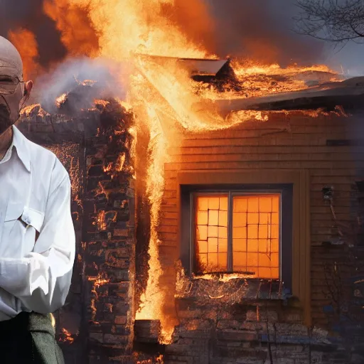 Image similar to a photo of walter white standing in front of a building on fire, highly detailed, 4 k