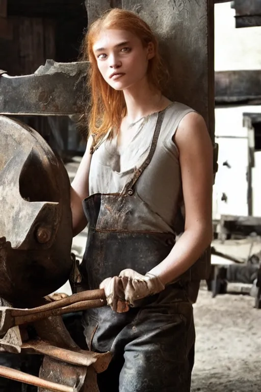 Image similar to female blacksmith, very burly. strawberry - blonde hair, many freckles. resembles natalia vodianova