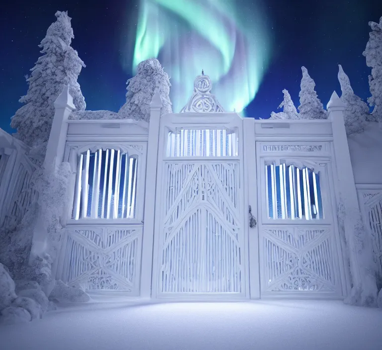 Image similar to a very detailed concept art of intricate and scandinavian white gates to aurora borealis, trending on artstation, symmetry, digital art, 4 k, hyper realistic, octane render, sharp focus