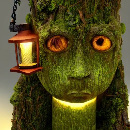 Prompt: a mossy humanoid with a wooden lantern as its head, 4 k photorealism, trending on artstation, 4 k quality
