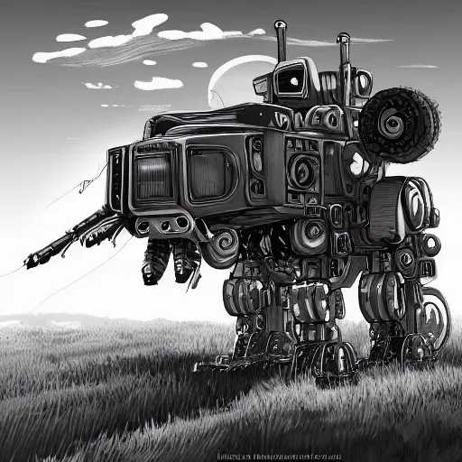 Prompt: Old tractor turned into a walker mech, black and white Battletech mech art, digital painting, white background