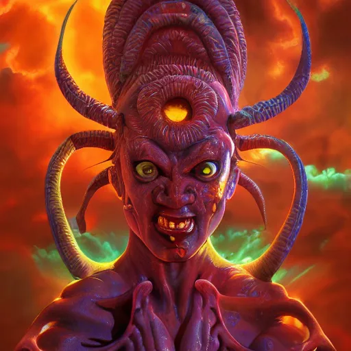 Image similar to Photorealistic demon goddess in the style of Michael Whelan and Akira Toriyama. Hyperdetailed photorealism, 108 megapixels, amazing depth, glowing rich colors, powerful imagery, psychedelic Overtones, 3D finalrender, 3d shading, cinematic lighting, artstation concept art