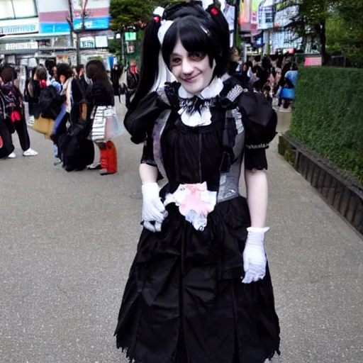 Image similar to cute looking martin shkreli wearing gothic lolita dress photographed at harajuku tokyo street fashion event,