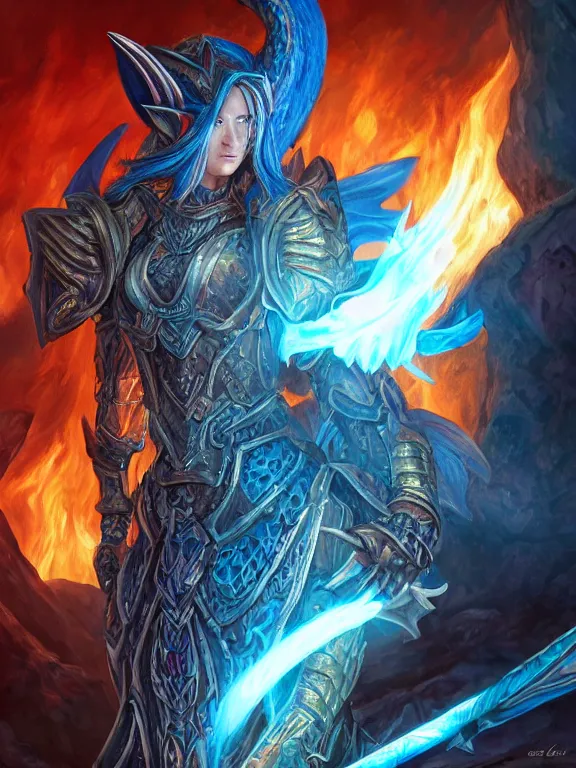 Prompt: full body portrait of a dnd dragon hunter inside a detailed volcano, female blue elf, strong, symmetric wings, dragon inspired blue armor, red hair, helmet, pretty, fire, high fantasy, detailed face, highly detailed, sharp focus, smooth, digital illustration, by clyde caldwell