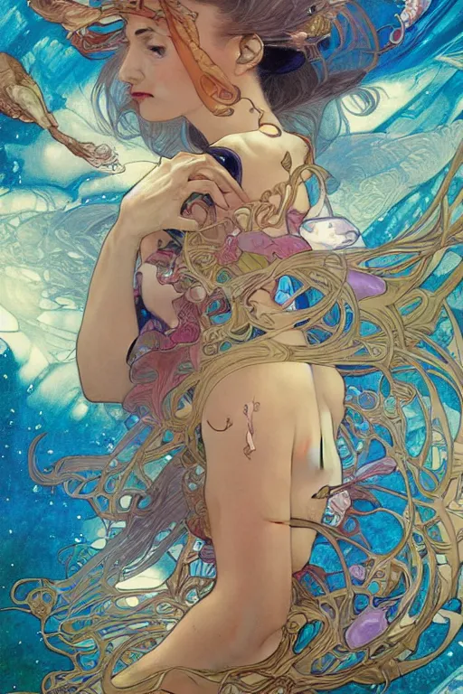 Image similar to swimming through time, by artgerm and yoshitaka amano and moebius and alphonse mucha, hyperdetailed, dc comics, ornate, nebula, explosions in the sky, trending on artstation