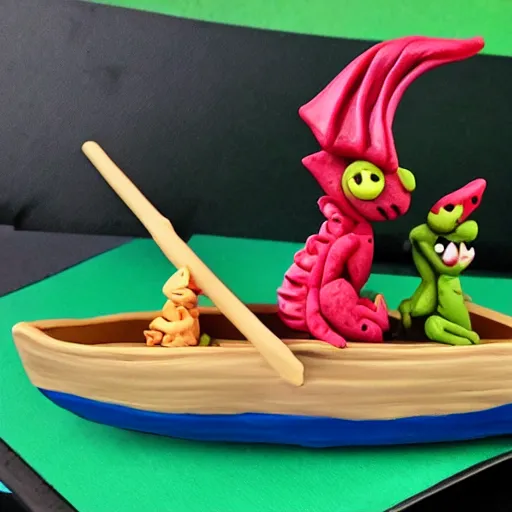 Image similar to polymer clay dragons in a canoe, eating pizza, claymation