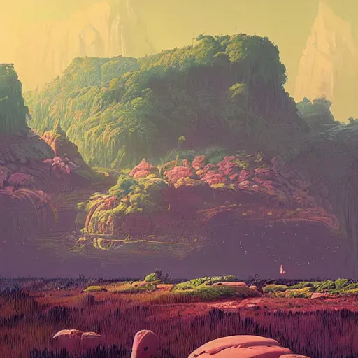 Image similar to digital artwork of a lush natural scene on an alien planet by simon stalenhag. extremely detailed. science fiction. interesting color scheme. beautiful landscape. weird vegetation. cliffs and water.