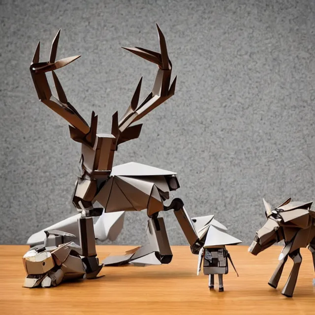 Image similar to a photograph of a deer origami and a robot mecha origami on top of a wooden table