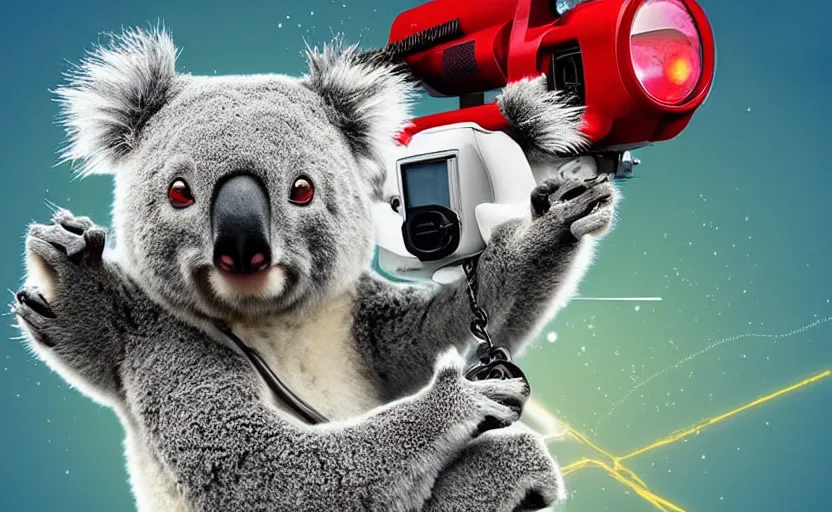 Image similar to “ cute koala with very big eyes, wearing a bandana and chain, holding a laser gun, standing on a desk, digital art, award winning, in the style of the movie madagascar ”