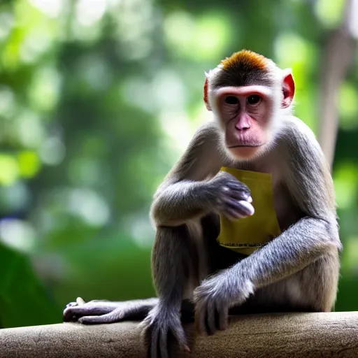 Prompt: Monkey in work uniform taking a lunch break, ultra realistic, canon camera