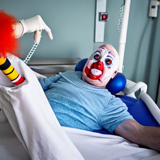 Image similar to crazy elderly clown supine in hospital bed, strapped into bed with restraints, photograph