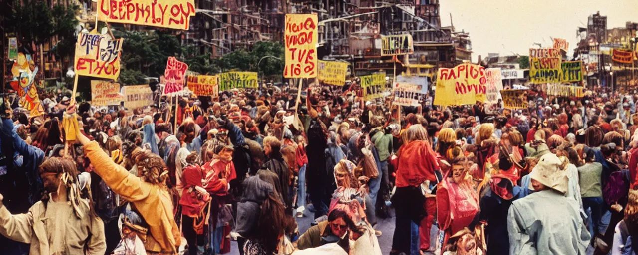 Image similar to hippies protesting with spaghetti signs, 1 9 6 0's,, high detail, canon 5 0 mm, cinematic lighting, photography, retro, film, kodachrome