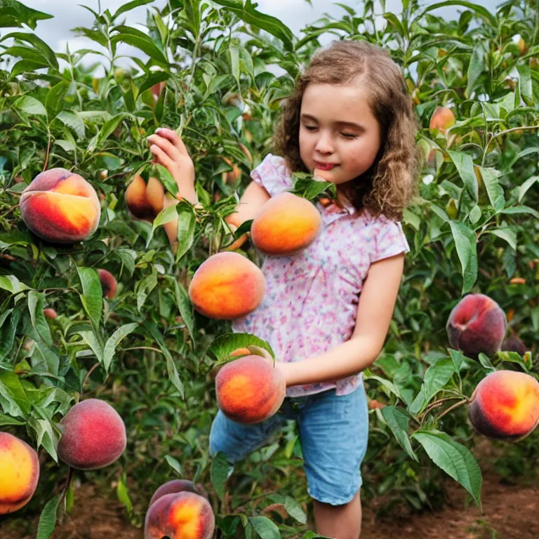 Prompt: a little girl picking peaches on another planet