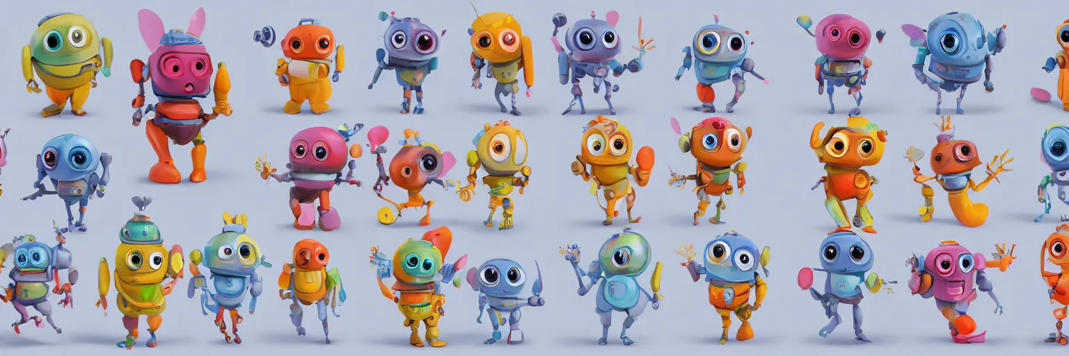 Prompt: concept sheet of cute colorful 3 d family robot characters for kids assisting a concept machine style like lilo & stitch, big eyes, simple smooth shapes and forms, reflective like candy, masterpiece, award - winning, intricate concept art, 8 k, artstation