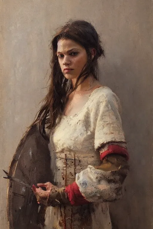 Image similar to Richard Schmid and Jeremy Lipking and Antonio Rotta full length portrait painting of a young beautiful traditonal viking woman