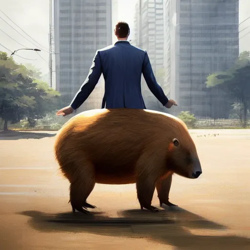 Image similar to a high quality photo of an antropomorphic capybara wearing a suit, 3d scene, render, ultra realistic, zenith view, Greg Rutkowski, artstation, cgsociety, unreal engine