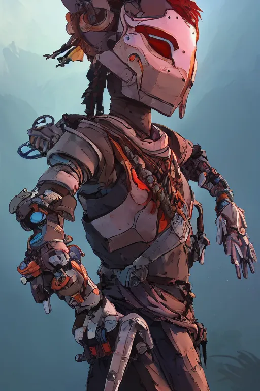 Image similar to combination suit armor aloy horizon forbidden west horizon zero dawn robot ninja mask helmet backpack tribal, art gta 5 comics, official fanart behance hd artstation by jesper ejsing, by rhads, makoto shinkai and lois van baarle, ilya kuvshinov, ossdraws radiating a glowing aura cgi rtx 2 0 2 2