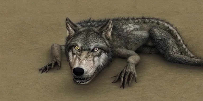 Image similar to chimera made of a wolf and a crocodile, awarded on pixiv, ultra realism, fantasy, trending on deviantart, realistic wood swamp, professional photoshop artwork