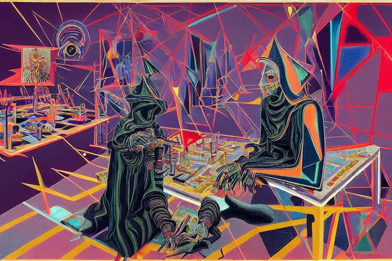 Image similar to a highly detailed beautiful masterpiece painting of a technomancer wizard in dazzle camouflage robes with pointed hood discussing sentience with his synthesized AI djinn hologram in his laboratory near a computer by Remedios Varo and Anato Finnstark and Greg Rutkowski and Andy Warhol and Francis Picabia, dayglo pink, dayglo blue, prismatic, pearlescent white, raven black, hyperrealism, 8k, trending on ArtStation, rendered in Octane, rendered in Unreal engine, award winning, volumetric lighting