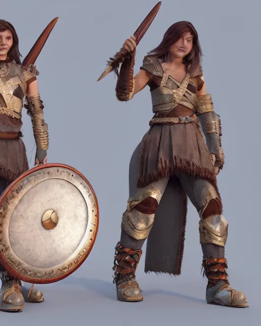 Prompt: a viking girl with a shield, pixar style, clean detail, symmetrical, octane render, studio lighting