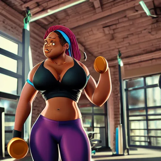 Prompt: still of black bbw woman working out, in the style of disney, comic book style, gym, highly detailed, 16k resolution, octane renderer, coherent