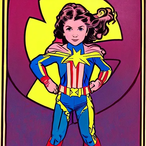 Prompt: a little girl with a mischievous face and light brown curly wavy hair and blue eyes. she is dressed as captain america, spider - man, batman, captain marvel, a superhero. well composed, clean elegant painting, beautiful detailed face. painting by steve ditko and jack kirby and ( alphonse mucha )