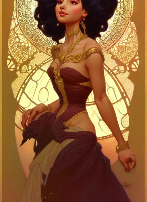 Image similar to portrait of disney esmeralda, intricate, elegant, highly detailed, my rendition, digital painting, artstation, concept art, smooth, sharp focus, illustration, art by artgerm and greg rutkowski and alphonse mucha and uang guangjian and gil elvgren and sachin teng, symmetry!!