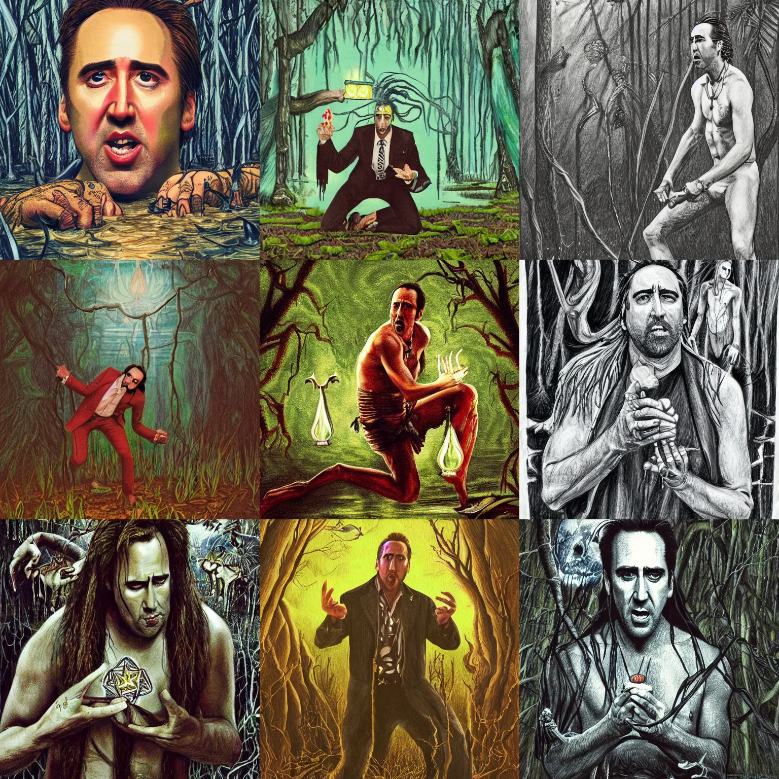 Prompt: a detailed gouche drawing of nicholas cage performing a voodoo magick ritual in the swamps of lousiana, award winning art, artstation, cinematic, magic realism