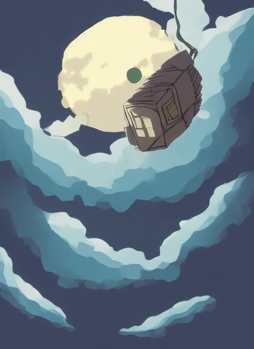 Image similar to an asymmetrical cell - shaded studio ghibli concept art study of a black cube inside a bubble in the sky. wide shot, very dull colors, hd, 4 k, hq